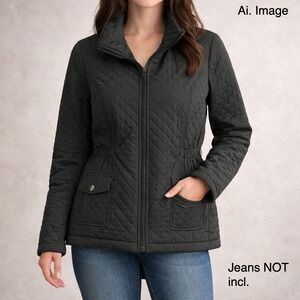 Giacca Gallery Women's Black Quilted Jacket Size M Zip Front‎ Lightweight Coat